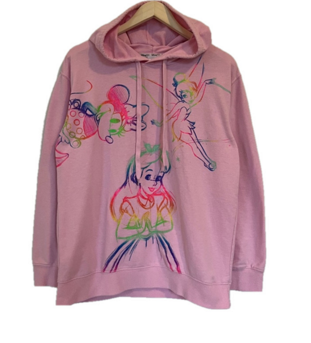 Pink Disney Graphic Hoodie Mickey Alice in Wonderland Tinkerbell French Terry L
